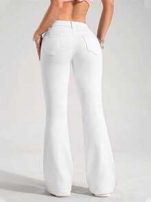 SHEIN PETITE Quần jeans ống loe cạp thấp trơn, thời trang, năng động, đa năng - trắng - Xem 2