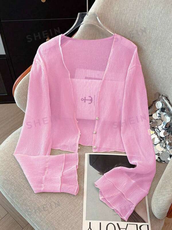 K-Vae Women's Delicate Textured Lightweight Sun Protection Cardigan, Sheer Pearl Button Short Shrug Thin Jacket For Summer