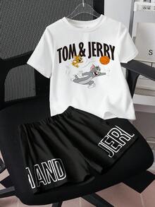 TOM & JERRY X SHEIN Bộ đồ mùa hè cho bé trai, gồm áo thun ngắn tay cổ tròn in chữ và hoạt hình, và quần short. - trắng - Xem 1