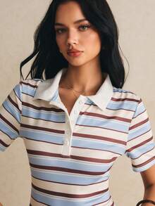 Poéselle 女款拼色條紋印花 Polo 領短袖 T-shirt，夏季 - 彩色 - 查看 7