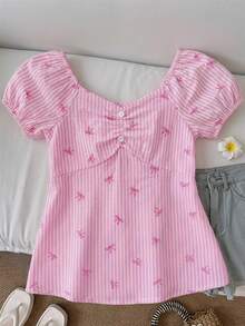 SHEIN 少女休闲百搭日常穿搭荷叶边领U领修身短款波点印花纽扣针织衫 - 粉色 - 查看 5