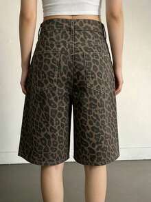 DAZY Women's Casual Leopard Print Wide Leg Denim Shorts, Summer - Coffee Brown - View 7