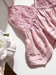 Elamini Damen Set: Trägershirt, strukturierte Patchwork-Optik, gerade Hose mit Kordelzug und Taschen - Pink - Übersicht 3