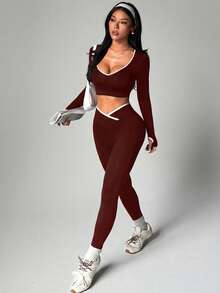 Dewbera Dewbera 2pcs/Set Women Seamless Contrast Color Sports Set - Burgundy - View 5