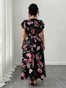 SHEIN Elenzya Plus Size Women Floral Print Ruffle Sleeve Casual Vacation Dress - Black - View 2