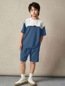 SHEIN 2件組/套 青少年男童休閒拼色圓領短袖T恤與短褲套裝，適合通勤、上學、日常休閒穿著、運動，春季/夏季 - 藍色 - 查看 5