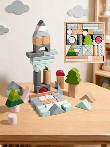 MINKOJA Wooden Macaron Creative Building Blocks Set, 43PCS Large Building Blocks, Shape Recognition, Creative Stacking, Kids Educational Montessori Early Learning STEM Toy With Wooden Storage Box - Multicolor - View 2