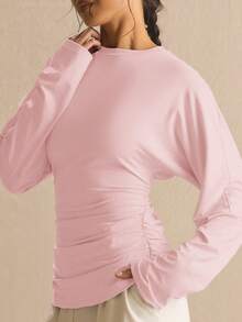 MUSERA Cinched Ruched Waist Batwing Long Sleeve Top Spring Summer Cute Cosy Cottage Core Spring - Pink - View 2