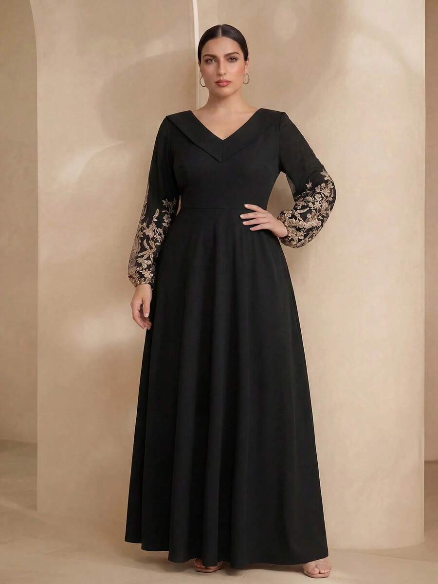 Graceveil Elegant Solid Color Patchwork Mesh Embroidered Off-Shoulder Long Sleeve Cinched Waist A-Line Plus Size Dress, Spring/Autumn Black - View 1