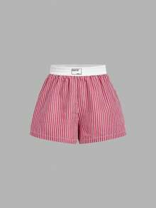 SHEIN MOD 女款休閒條紋彈性腰短褲，夏季 - 紅白色 - 查看 6