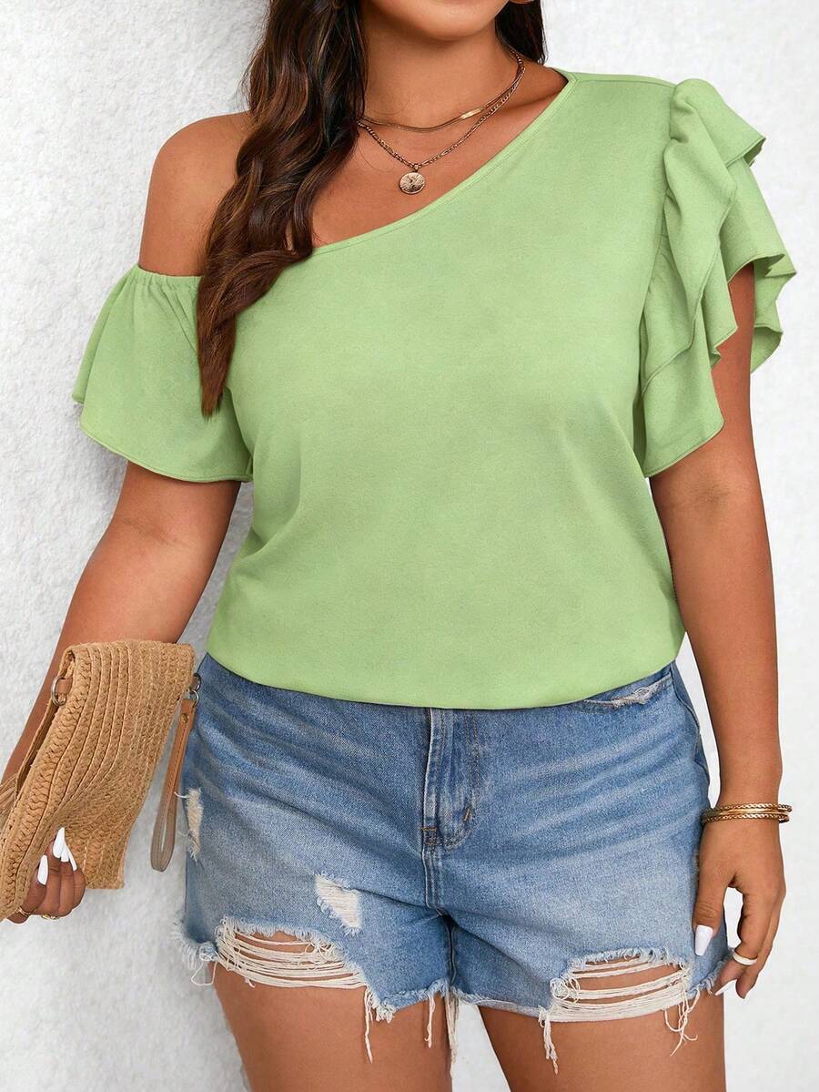 EMERY ROSE Camiseta holgada de manga corta con cuello asimétrico y volantes, unicolor, talla grande, para verano - Verde Lima - Ver 1