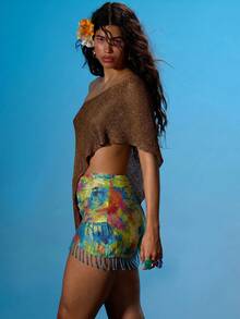 MUSERA Slash Neck Off The Shoulder Asymmetric Hem Knit Poncho Summer Sexy Going Out Beach Holiday Ibiza Club Tropical Fever - Chocolate Brown - View 4