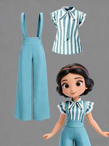Rometta Plus Size Women's Light Blue Striped Ruffle Tie Bow Blouse & Metal Button High Waist Wide Leg Pants Suspender Suit,Summer Cute School Commuting Style - Multicolor - View 3