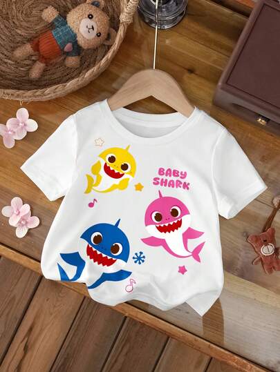 BABY SHARK X SHEIN Baby Girl Casual Cute Cartoon Shark Print Round Neck Short Sleeve Top, Summer
