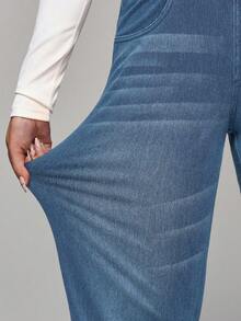 SHEIN PETITE Quần Jeans Ống Rộng Dáng Rộng Có Túi Lưng Thun Cho Nữ - Rửa nhẹ - Xem 5
