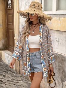 Brillora Women's Floral Print Kimono Cardigan, Suitable For Beach Travel Bathing Suits For Women - Beige - View 3