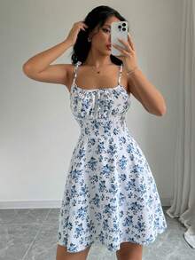 SHEIN Raffinéa Ladies' Spaghetti Strap Tie-Back Floral Print Pleated Cami Dress Mini Short Women Outfit - Blue and White - View 6