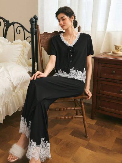 Côtesoire Set de pijama elegant casual, stil sudul Franței, cu decolteu în V, mânecă scurtă, patchwork din dantelă și culori contrastante