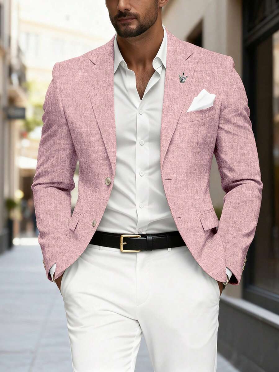 Manfinity Mode Men's Solid Color Notched Collar Single-Breasted Casual Versatile Daily Wear Long Sleeve Suit Blazer, Ceremony, Formal - Dusty Pink - View 1