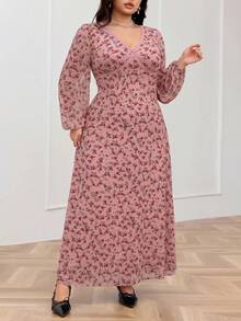 Feyla Plus Size Floral Print V-Neck Lace Patchwork Elegant Long Sleeve Dress Fall - Pink - View 6