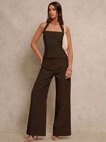 Glamine Bộ 2 món áo crop top ôm eo gợi cảm và quần ống đứng, vải dệt màu mơ, thiết kế đơn giản, dễ phối đồ, bộ sưu tập xuân mới. - màu nâu - Xem 4