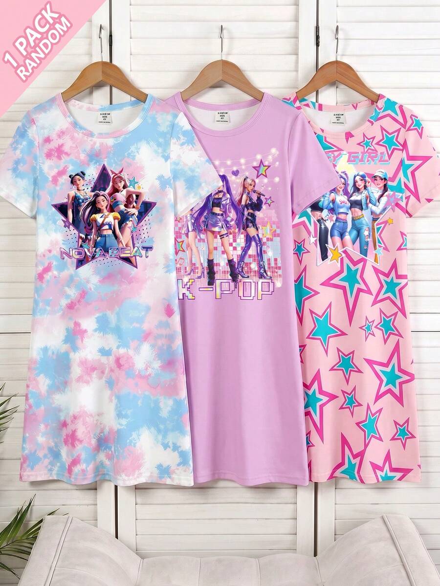 SHEIN 【1件】女童偶像肖像及星星印花柔软针织睡裙,宽松圆领短袖,舒适亲肤,甜美清爽风格,可外穿 - 粉色 - 查看 1