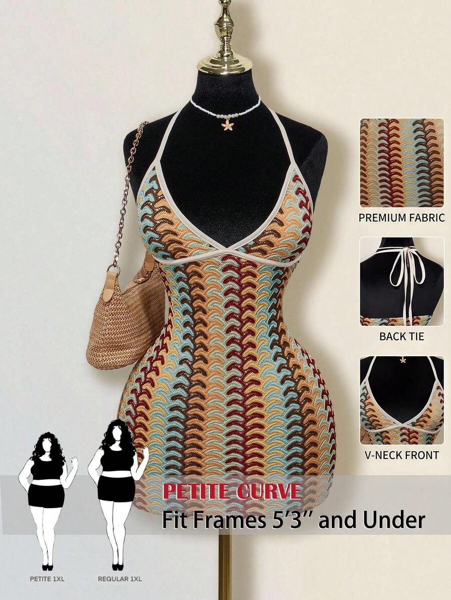 SHEIN PETITE CURVE 大码女式彩色提花针织撞色罗纹饰边露背深V领迷你沙滩裙,波西米亚风格 - 彩色 - 查看 1