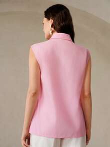 BELROSIE Romantic Elegant Pink & Multi-Color Floral Rose Print Organza Layered Sleeveless Collared Blouse Top, Versatile For Work, Casual, Party, Holiday - Pink - View 4