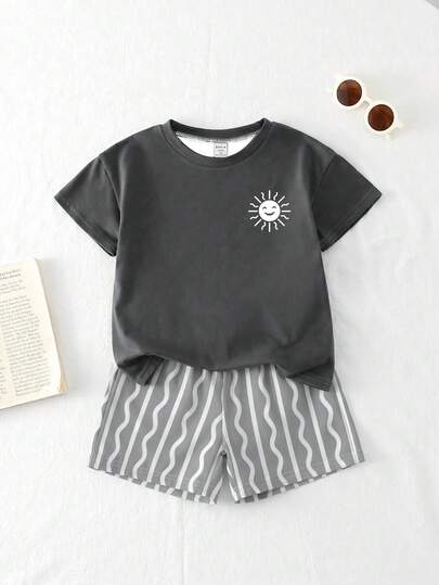 Souflis Souflis 2pcs/Set Toddler Boys' Summer New Cartoon Dinosaur/Car/Bear Print Outfits, Cute And Comfortable Daily/Outdoor Matching Sets