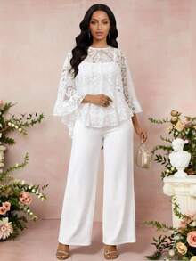SHEIN Lady Women's Solid Color Lace Patchwork Round Neck Long Sleeve Top And Pants 2-Piece Set Holiday Outfits For Women Elegant Women's Set - White - View 6
