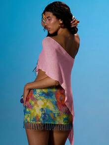 MUSERA Poncho de Tricô com Decote Assimétrico e Ombros à Mostra, Bainha Assimétrica, Verão Sexy, Saída, Praia, Férias, Ibiza, Clube, Febre Tropical - Rosa Bebê - Visão 2