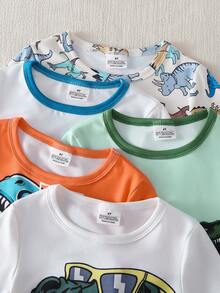 (Random 5 Sets, Send 2 Sets) Young BoyCute Dinosaur Print Soft Short Sleeve Shorts Pajama Set, Comfortable For Indoor Wear And Outdoor Activities - Multicolor - View 6