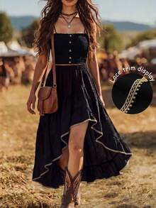 SHEIN LUNE Women's Pastal Autumn Boho Laced Vacation Skirt, Asymmetric Ruffle Hem Lace Trim A-Line Waist Cinching Linen-Like Elegant Graduation Golf - Black - View 1
