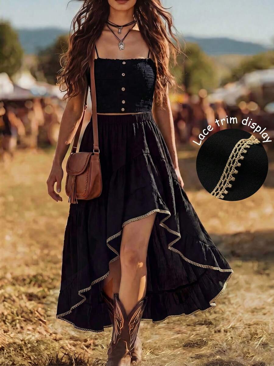 SHEIN LUNE Women's Pastal Autumn Boho Laced Vacation Skirt, Asymmetric Ruffle Hem Lace Trim A-Line Waist Cinching Linen-Like Elegant Graduation Golf - Black - View 1