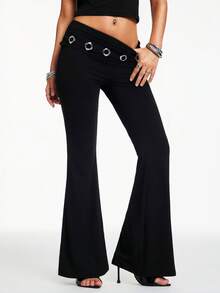 Nooralise Women's Trashy Girlisim Y2k Pastal Autumn Night Golf Flare Leg Pants, Metal-Decorated Waist Fold Eyelet Design Slim-Fit Solid Color Edgy Chic Urban - Black - View 2