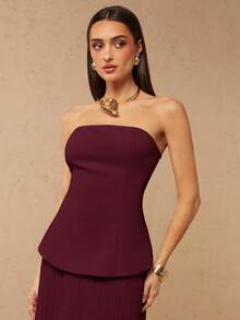 Silquee Women's Solid Color Bandeau Top And Mini Skirt Elegant 2 Pieces Set - Maroon - View 5