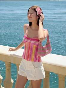 SHEIN Áo thun không tay cổ chữ V dáng casual cho nữ tuổi teen, chất liệu vải họa tiết hình học retro, thích hợp cho lễ hội âm nhạc, phong cách bohemian, kỳ nghỉ, tiệc trà chiều. - Hồng - Xem 8