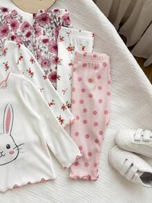 6-Piece Newborn Baby Girl Cute Casual Knitted Polka Dot Pattern Pink Long Sleeve Set For Spring, Autumn And Winter - Multicolor - View 4