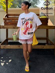 Muchica 女士圆领字母龙虾印花短袖上衣和格子短裤休闲两件套 - 彩色 - 查看 3