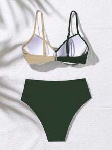 SHEIN Swim 性感女士撞色扭结前襟吊带比基尼套装高腰泳衣面料女士两件套泳装度假比基尼套装 - 彩色 - 查看 5