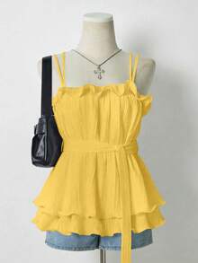 Lalippa Summer Sweet Ruffled Hem Solid Color Camisole, Tie Waist, Suitable For Vacation Wear - Yellow - View 4