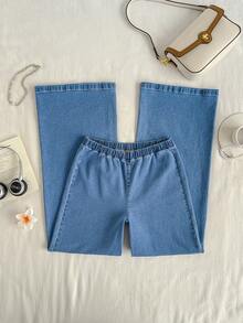 Mori Grove Mori Grove Women's Solid Color Elastic Waist Straight Loose Casual Wide Leg Jeans Travel Light Blue Summer - Blue - View 2