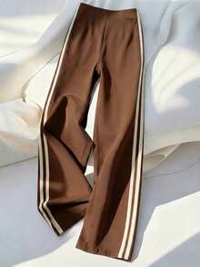 Franclia Summer Casual Brown Trousers  Contrasting Side Webbing,Metal Zipper Waistband,Elegant Work Office Pants,Athleisure,Winter,Brown Striped,Date Wear - Brown - View 2