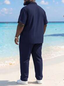 ResortEase Plus Size Men's Solid Color Cuban Collar Shirt + Drawstring Elastic Waist Pants Set, Men's Casual Suit - Royal Blue - View 2