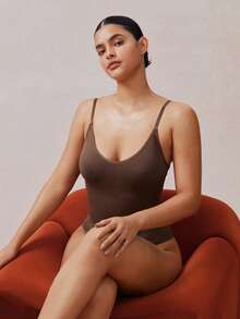 Veilyse 1pc Women Seamless Shapewear Bodysuit, Thong Bottom, Slimming Shaping Bodysuit, Tummy Control Bodysuit, Shapewear, Waist Trainerfor Summer - Brown - View 8