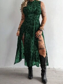 Whyspr Dark Asymmetrical Pattern Dress With High Slit And Sheer Details - Dark Green - View 3