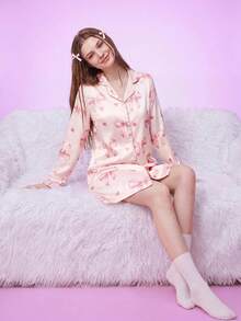 Notgurli Faux Silk Bow Print Collared Sleep Dress, Luxe Loungewear, Moo Moo, Fall, Winter - Pink - View 6