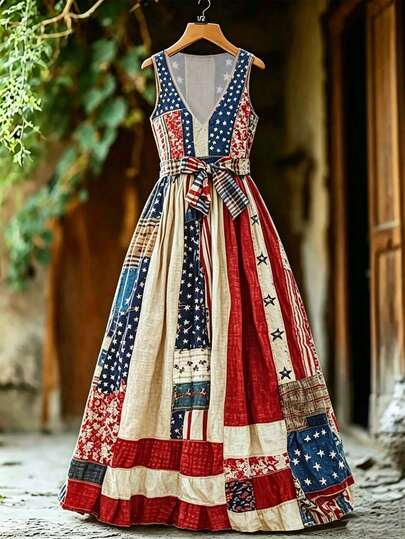 GlowEve Women's Sleeveless Casual Long Dress With Waist Tie & Star Print
