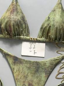 Swim Vcay 女款夏季海灘度假塗鴉印花掛脖綁背性感丁字褲比基尼套裝 - 綠色 - 查看 3