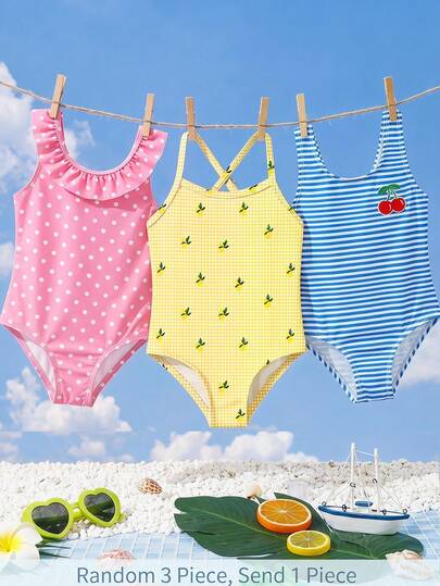 Sunshine Lemon Yellow, Mini Lemon Plaid Pattern, Baby Girls Casual Minimalist Spaghetti Strap Fitted One-Piece Swimsuit, Suitable For Summer